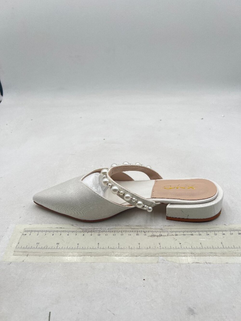 XYD White Mule with Pearls Strappy Pointed Toe Stylish Beaded Slides Sandals